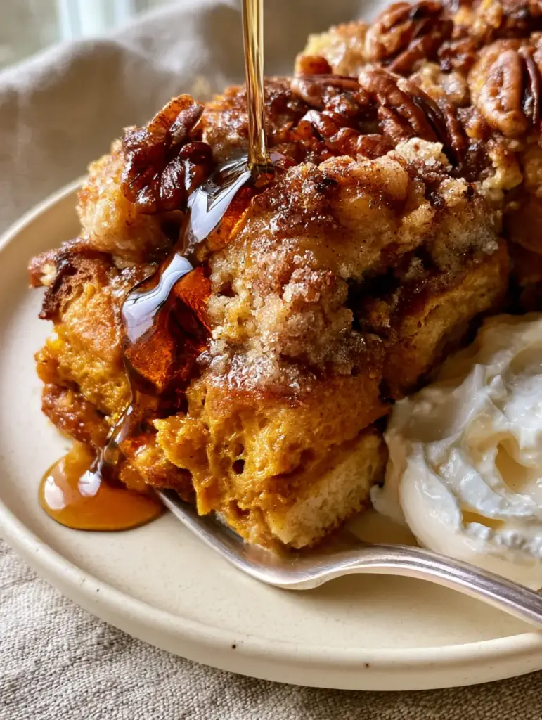 Pumpkin French Toast Casserole with Pecan Streusel 1 Detailed view of the aerated custard interior of a pumpkin french toast casserole slice being lifted by a fork.