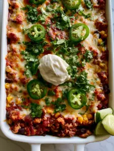Close-up of seared ground turkey mixed with red salsa, black beans, and corn in a baking dish before the final cheese melt. (Mexican ground turkey casserole)