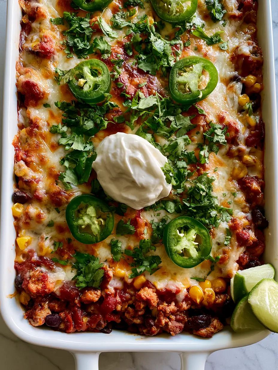 Close-up of seared ground turkey mixed with red salsa, black beans, and corn in a baking dish before the final cheese melt. (Mexican ground turkey casserole)