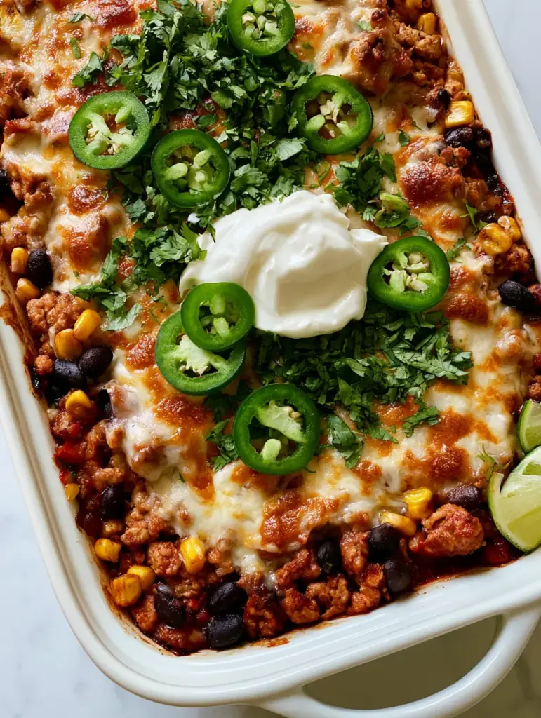 Molten bubbly Mexican-blend cheese with golden-brown toasted spots covering a zesty turkey and bean casserole.