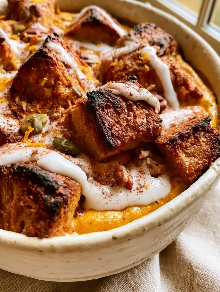 Paleo Pumpkin Bread Pudding: The Best Grain-Free Fall Dessert 1 Overhead view of Paleo Pumpkin Bread Pudding topped with green pepitas, crushed pecans, and a zig-zag coconut cream glaze.