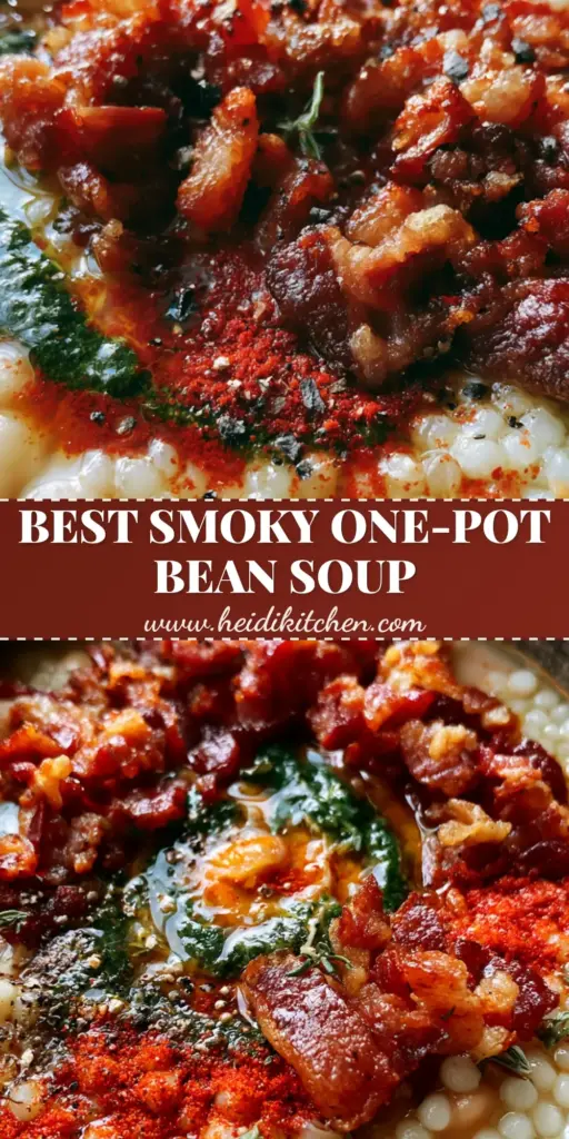 Bean soup with bacon and pearl couscous: A Smoky, Creamy Masterpiece 4 A rustic matte-charcoal bowl of Bean soup with bacon and pearl couscous featuring creamy cannellini beans, crispy bacon lardons, and a vibrant green herb oil swirl.