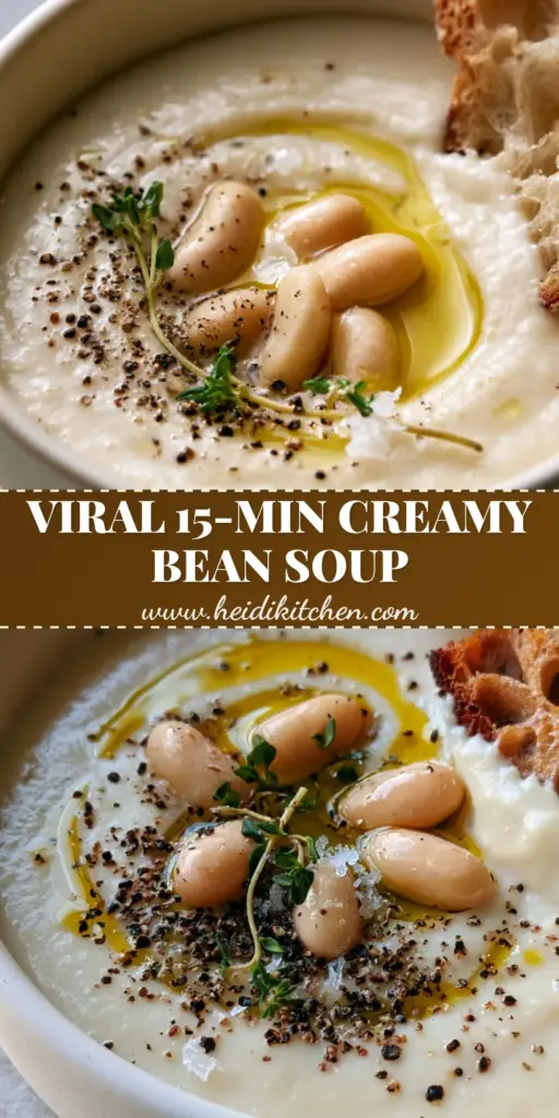 Creamy Bean Soup with Toasted Sourdough and Fresh Thyme 4 A vertical shot of Creamy Bean Soup in a cream bowl with a sourdough bread slice, golden oil swirl, and fresh thyme garnish.