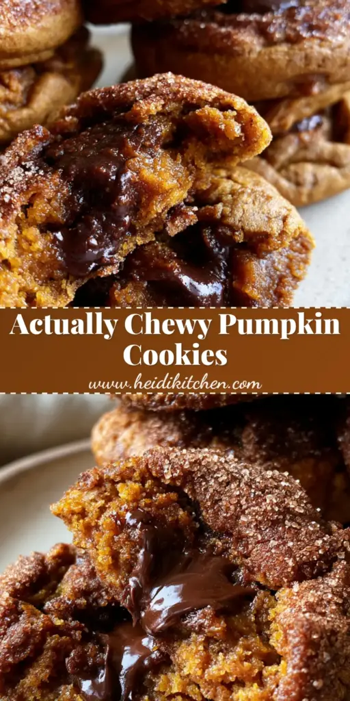 A stack of chewy pumpkin cookies with melted dark chocolate pools and cinnamon sugar dusting on a ceramic plate. (pumpkin cookies)