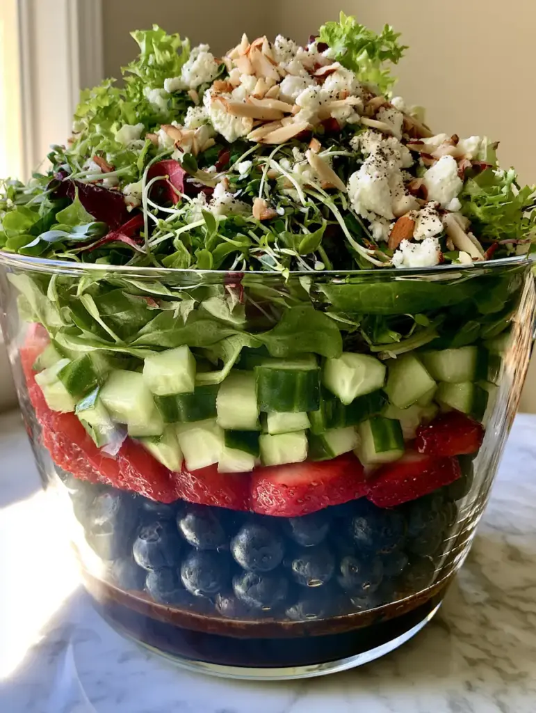 Close up of a Layered Spring Salad showing the thick balsamic dressing at the bottom and berries in the middle.