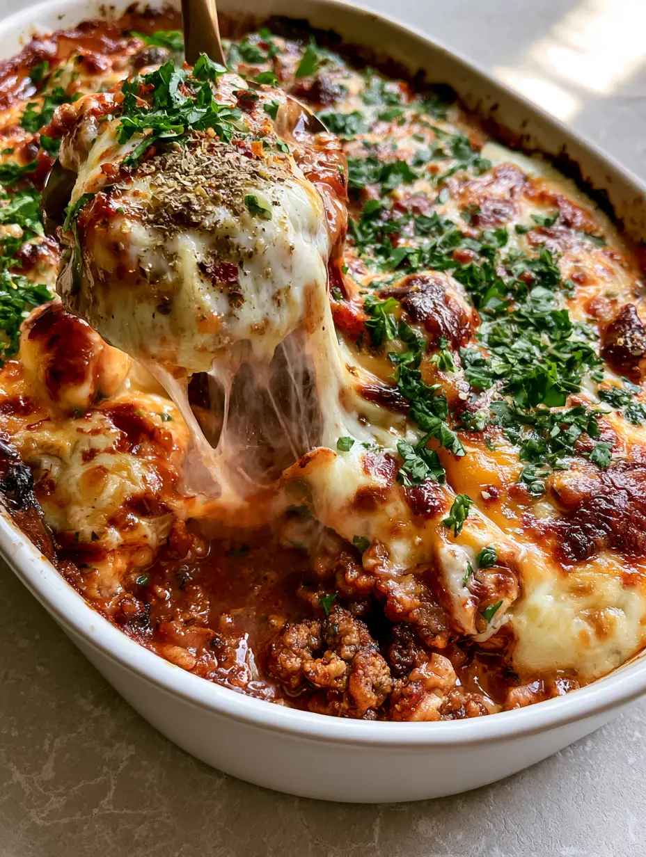 Top-down view of a Cheesy Ground Turkey Casserole with golden-brown charred cheese bubbles and bright green parsley garnish in a white baking dish.