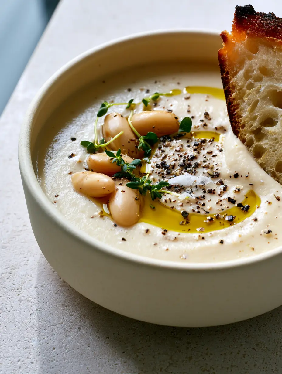 Creamy Bean Soup with Toasted Sourdough and Fresh Thyme 3 Close-up of Creamy Bean Soup featuring a velvety ivory texture and a swirl of golden extra virgin olive oil.
