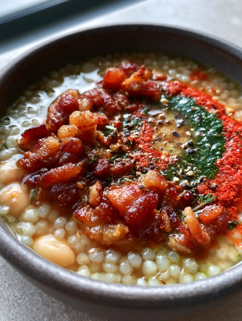 Bean soup with bacon and pearl couscous: A Smoky, Creamy Masterpiece 3 Extreme close-up of smoky white bean soup with glistening pearl couscous and extra-crispy bacon bits.