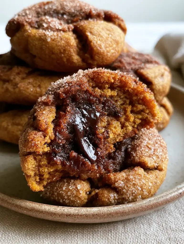 Close up photo of dense pumpkin cookies broken open to reveal a fudgy center and chocolate pools. (pumpkin cookies)