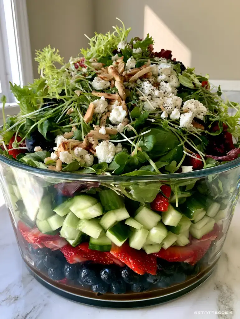 Overhead view of a Layered Spring Salad topped with snow-white crumbled feta and toasted slivered almonds.