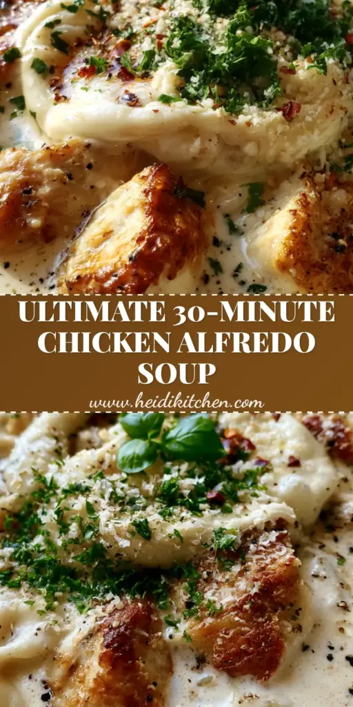 A vertical shot of chicken alfredo soup in a white bowl with melted mozzarella and fresh basil, perfect for Pinterest.