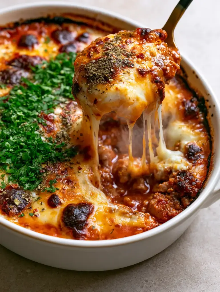 A serving spoon lifting a portion of Cheesy Ground Turkey Casserole showing the steam and gooey mozzarella stretch.