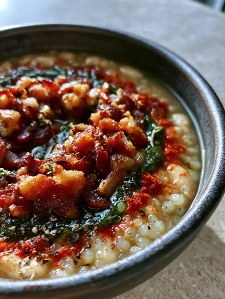Bean soup with bacon and pearl couscous: A Smoky, Creamy Masterpiece 1 Overhead shot of Bean soup with bacon and pearl couscous garnished with fresh thyme and smoked paprika.