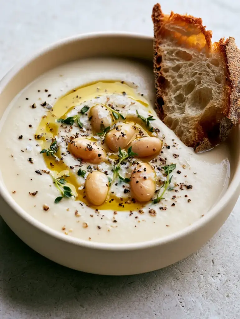Creamy Bean Soup with Toasted Sourdough and Fresh Thyme 1 Creamy Bean Soup garnished with whole beans, micro-thyme, and cracked black pepper with sourdough bread on the side.