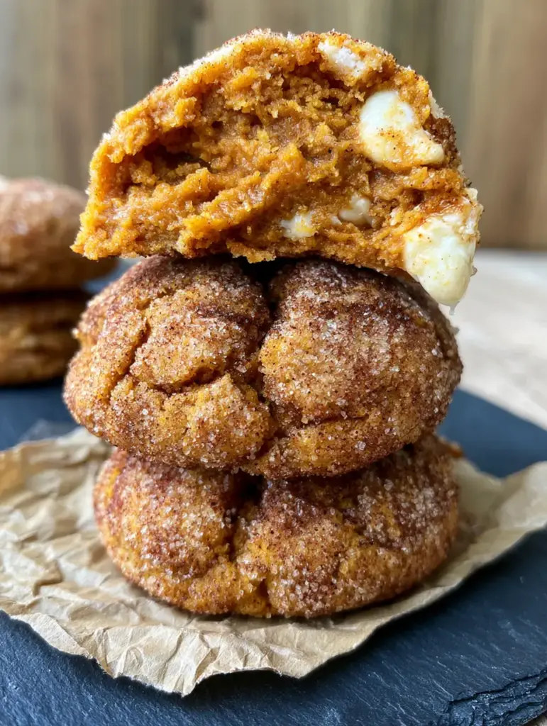 Macro shot of White chocolate pumpkin snickerdoodles on brown parchment paper with cracked textures and cinnamon-sugar crystals.