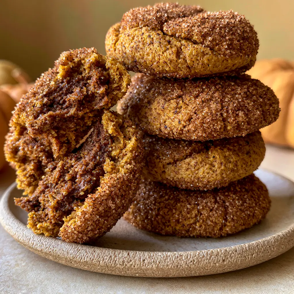Smartphone photo of a stack of dense, chewy Brown Butter Pumpkin Snickerdoodle Cookies on a neutral stoneware plate.