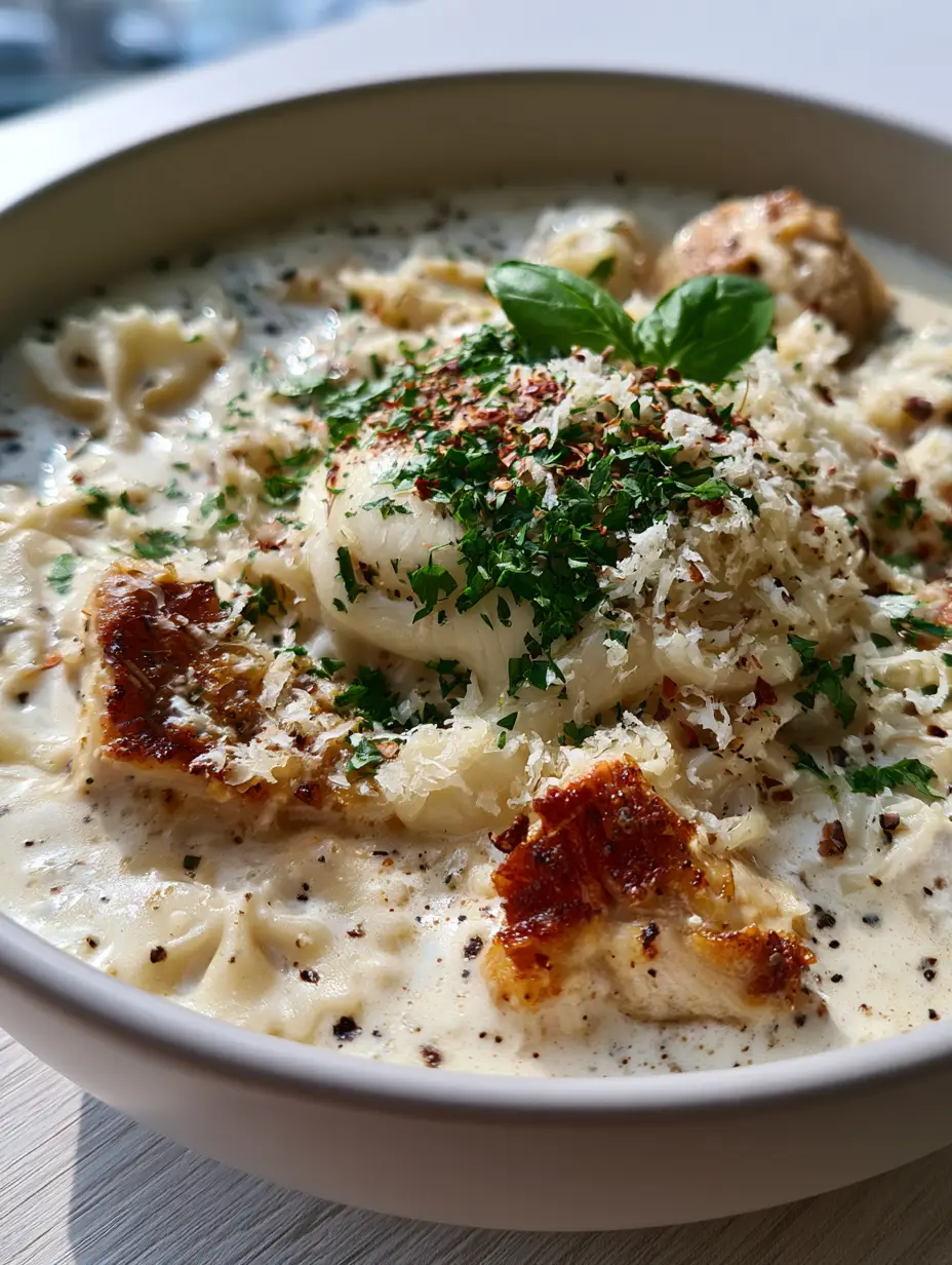 Macro close-up of chicken alfredo soup showing thick ivory broth, cracked black pepper, and golden-brown chicken chunks.