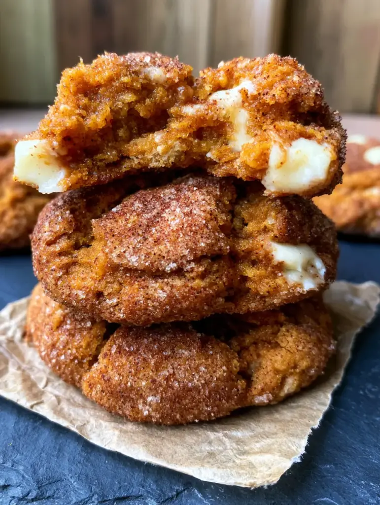 Close up of a thick pumpkin snickerdoodle broken in half, showing a moist orange dough center and melted white chocolate.