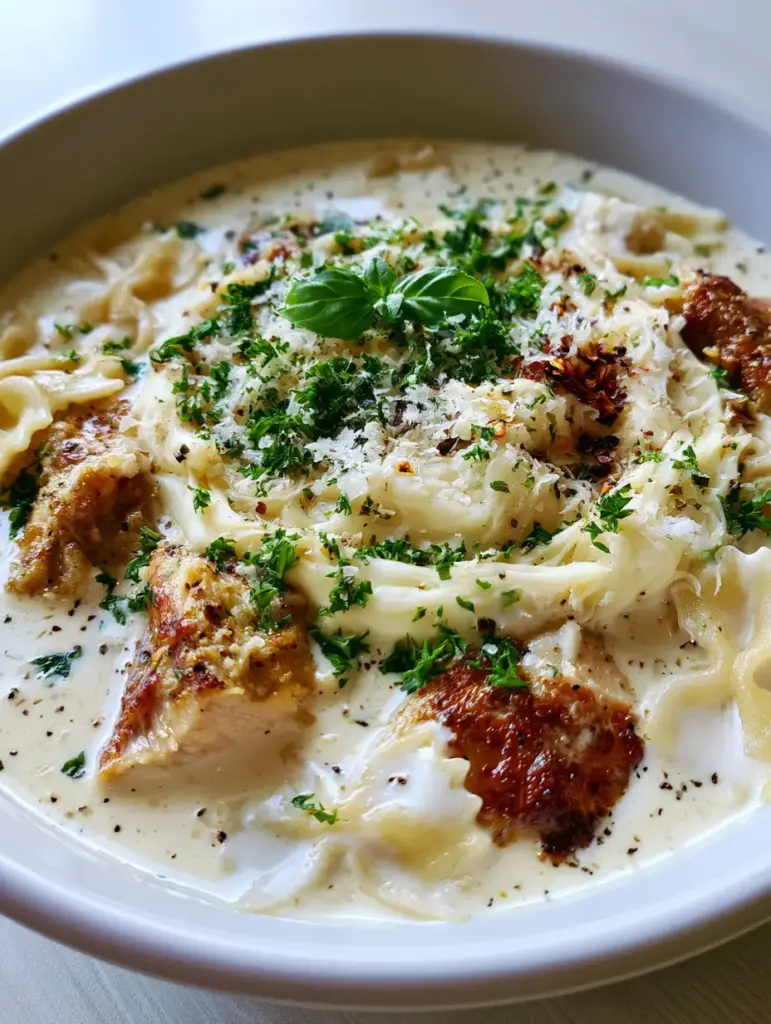 Top view of chicken alfredo soup with bowtie pasta, melted mozzarella cheese, and red pepper flakes.