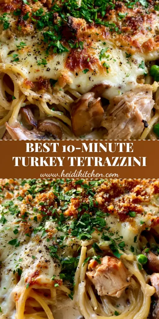 Turkey Tetrazzini: The Ultimate Creamy Leftover Casserole 3 A steaming, ultra-creamy Turkey Tetrazzini in a white ceramic dish topped with melted bubbly mozzarella and golden-brown panko breadcrumbs.