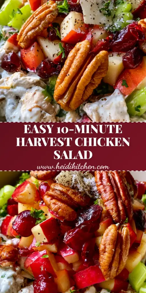 Harvest Chicken Salad with Creamy Greek Yogurt Dressing 3 A vertical Pinterest pin showing a matte white bowl of Harvest Chicken Salad with red apples, cranberries, and pecans on a light oak table.