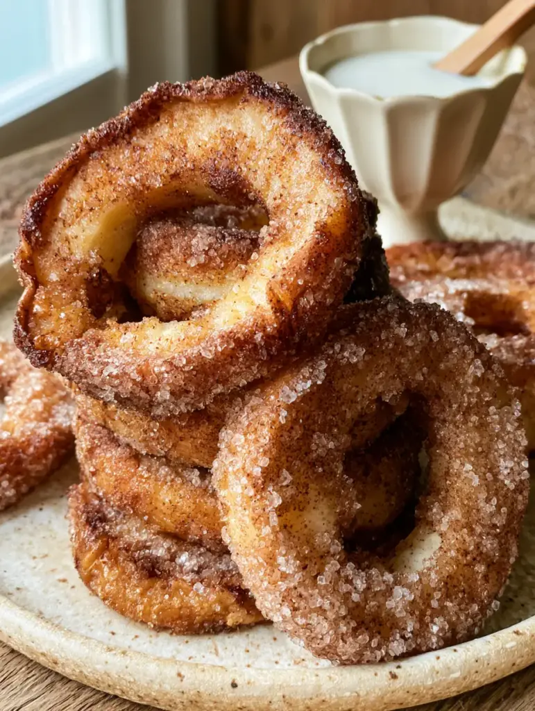 A top-down smartphone photo of a stack of thick-cut Air Fryer Cinnamon Apple Rings with a vanilla bean glaze ramekin and wooden spoon.