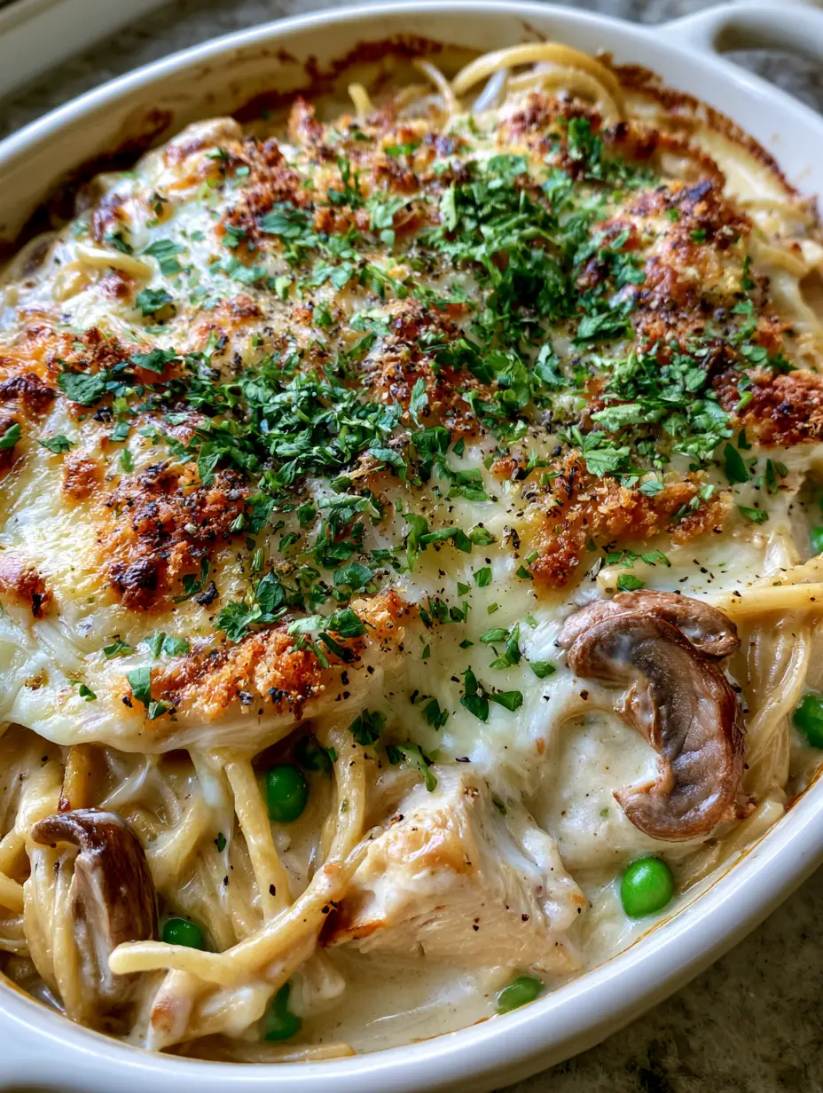 Turkey Tetrazzini: The Ultimate Creamy Leftover Casserole 4 Close up of long spaghetti strands tangled with shredded turkey, sliced mushrooms, and bright green peas in a thick ivory sauce. (turkey tetrazzini)