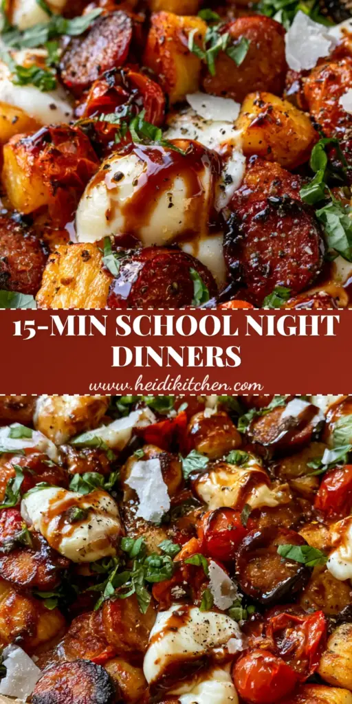 Back to School Dinner Ideas: Sheet Pan Sausage and Seared Gnocchi 4 A high-angle sheet pan dinner with seared gnocchi, charred sausage, and melted mozzarella (back to school dinner ideas)