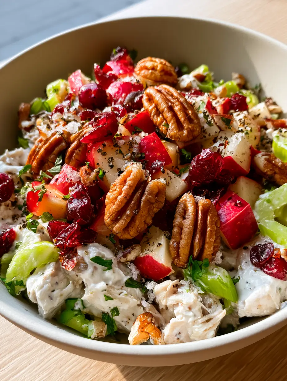 Harvest Chicken Salad with Creamy Greek Yogurt Dressing 4 Close-up of Harvest Chicken Salad in a white bowl showing chunky chicken, diced apples, and pecans.