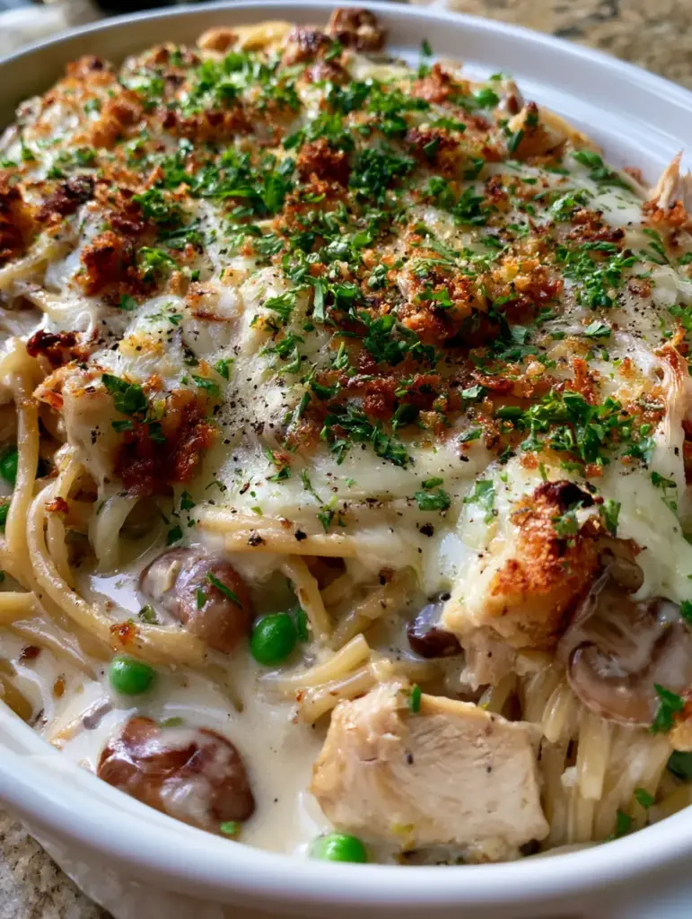 Turkey Tetrazzini: The Ultimate Creamy Leftover Casserole 1 The golden-brown panko breadcrumb crust glistening with butter on top of a turkey tetrazzini casserole.