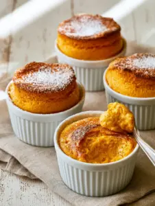Three individual white ceramic ramekins with vibrant golden-orange pumpkin soufflé rising 2 inches above the rim, dusted with powdered sugar. (pumpkin soufflé)