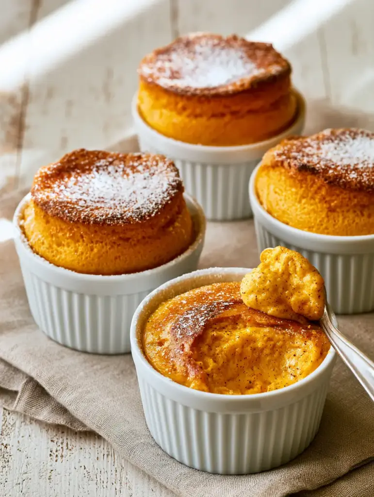 Three individual white ceramic ramekins with vibrant golden-orange pumpkin soufflé rising 2 inches above the rim, dusted with powdered sugar. (pumpkin soufflé)