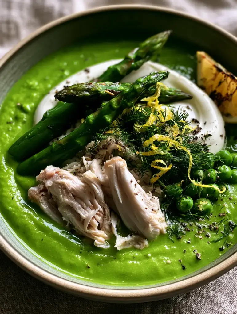 Extreme close-up of high protein spring soups showing moist muscle fibers of pulled chicken and a silky green asparagus base.