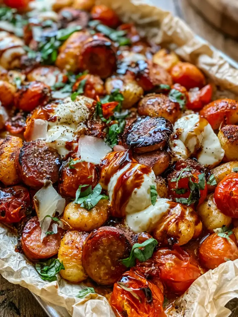 Back to School Dinner Ideas: Sheet Pan Sausage and Seared Gnocchi 2 Close up of seared potato gnocchi and charred Italian sausage with balsamic drizzle (back to school dinner ideas)