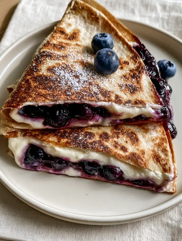 Blueberry Breakfast Quesadilla: A Gooey, Golden Morning Treat 1 Slices of Blueberry Breakfast Quesadilla on an off-white plate with a dusting of powdered sugar and fresh blueberries.