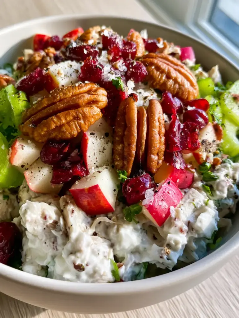 Harvest Chicken Salad with Creamy Greek Yogurt Dressing 1 A 45-degree angle shot of Harvest Chicken Salad with bright green parsley and sea salt flakes visible on top.