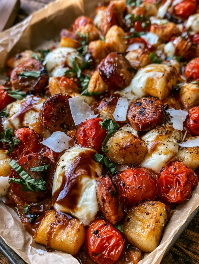 Back to School Dinner Ideas: Sheet Pan Sausage and Seared Gnocchi 1 Melted mozzarella pearls and blistered tomatoes on a sheet pan.