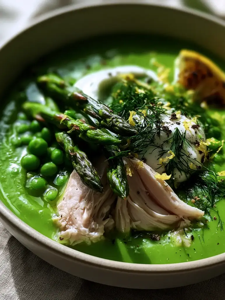 Top-down view of high protein spring soups with a thick Greek yogurt swirl and charred asparagus tips garnish.