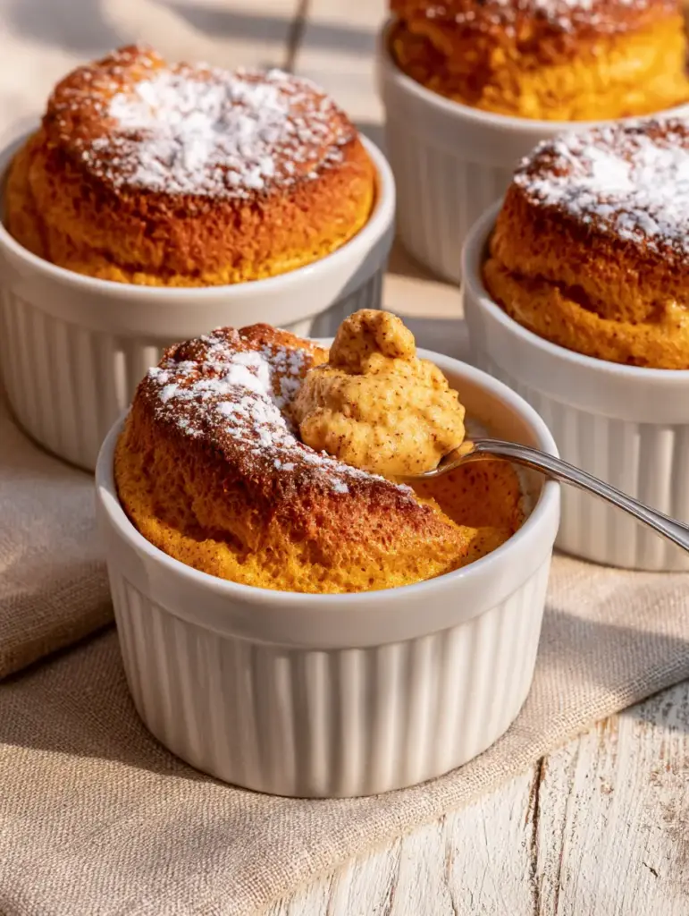Close-up of the porous, airy sponge texture of a baked pumpkin soufflé with a dusting of fine powdered sugar.