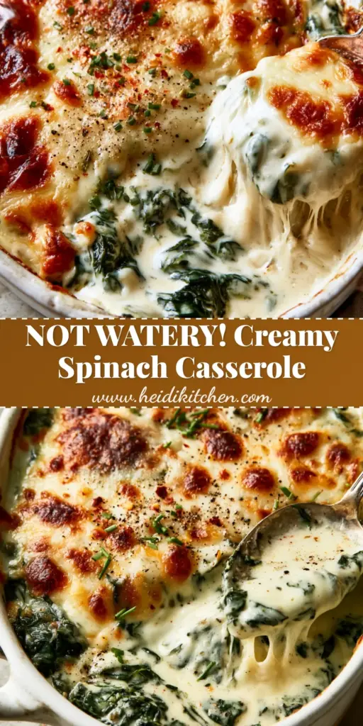 A bubbling creamy spinach casserole in a white ceramic dish with a silver spoon lifting a cheesy portion. (creamy spinach casserole)
