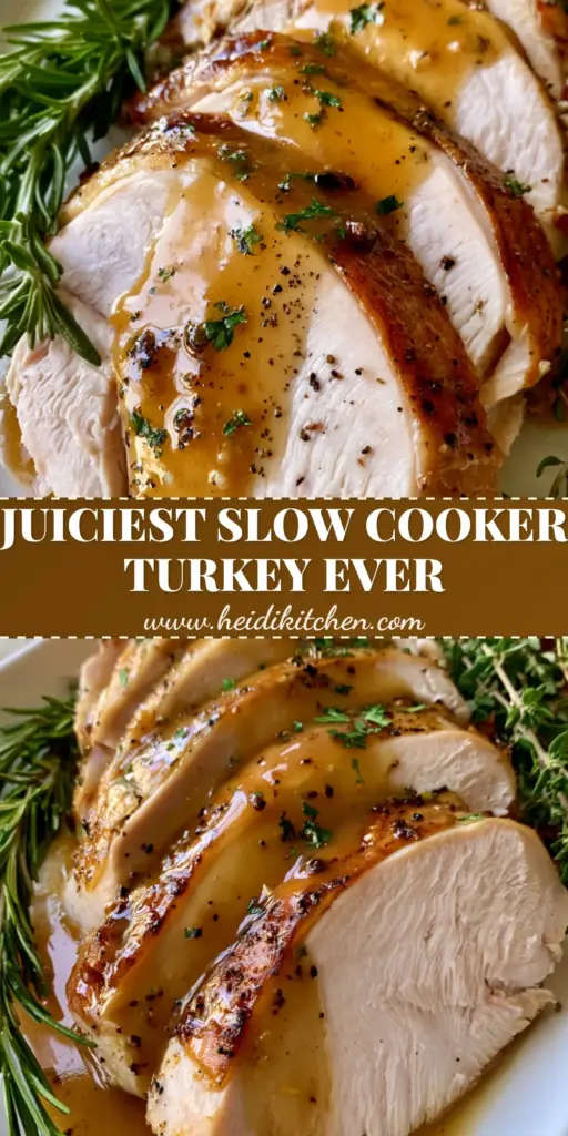 slow cooker turkey breast: The Juiciest Sliced Turkey with Golden Herb Gravy 3 Thick slices of succulent slow cooker turkey breast on a white platter with golden gravy and rosemary sprigs.