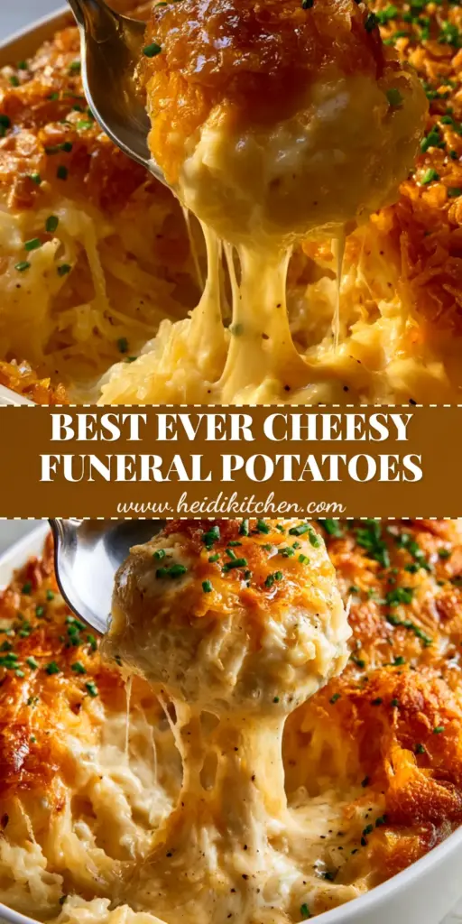 A massive cheese pull from a white ceramic dish of funeral potatoes with a jagged golden cornflake crust and chives. (funeral potatoes)