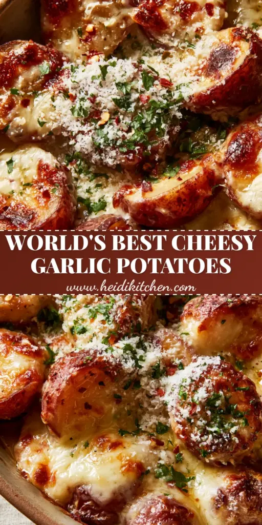 A close-up shot of Cheesy Red Potatoes in a rustic dish with melted mozzarella and toasted white cheddar spots.