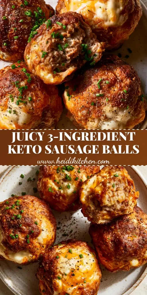 keto sausage balls: The Best Low-Carb Crispy Cream Cheese Appetizer 4 A close-up of 5 golden-brown keto sausage balls on a rustic plate, topped with fresh chives and black pepper.
