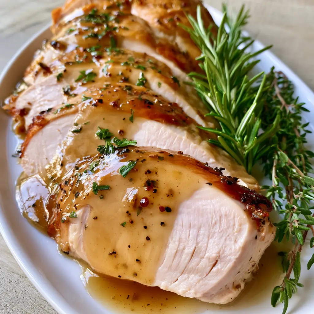 slow cooker turkey breast: The Juiciest Sliced Turkey with Golden Herb Gravy 2 Close-up of succulent turkey breast fibers glistening with golden gravy and cracked black pepper. (slow cooker turkey breast)