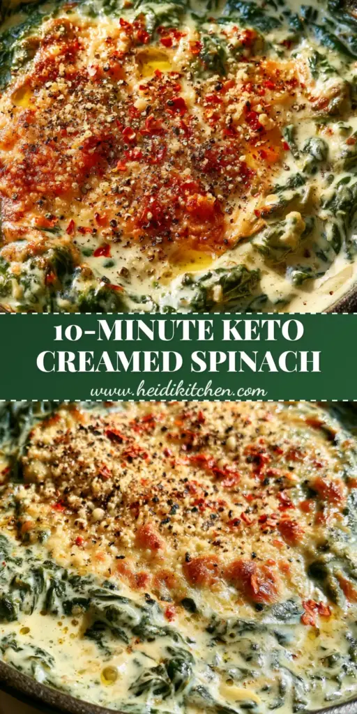 Overhead view of a cast iron skillet filled with keto creamed spinach featuring a toasted parmesan crust and red pepper flakes.