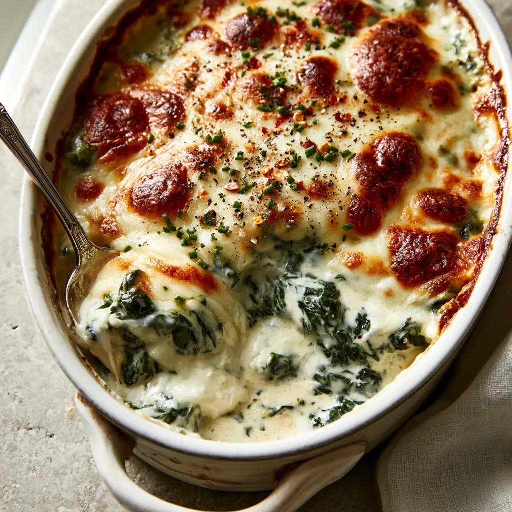 A high-angle shot of a cheesy spinach casserole garnished with fresh chives and red pepper flakes.