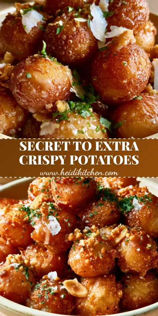 A heap of crispy garlic potato pops in a ceramic bowl with golden toasted garlic and parsley. (garlic potato pops)