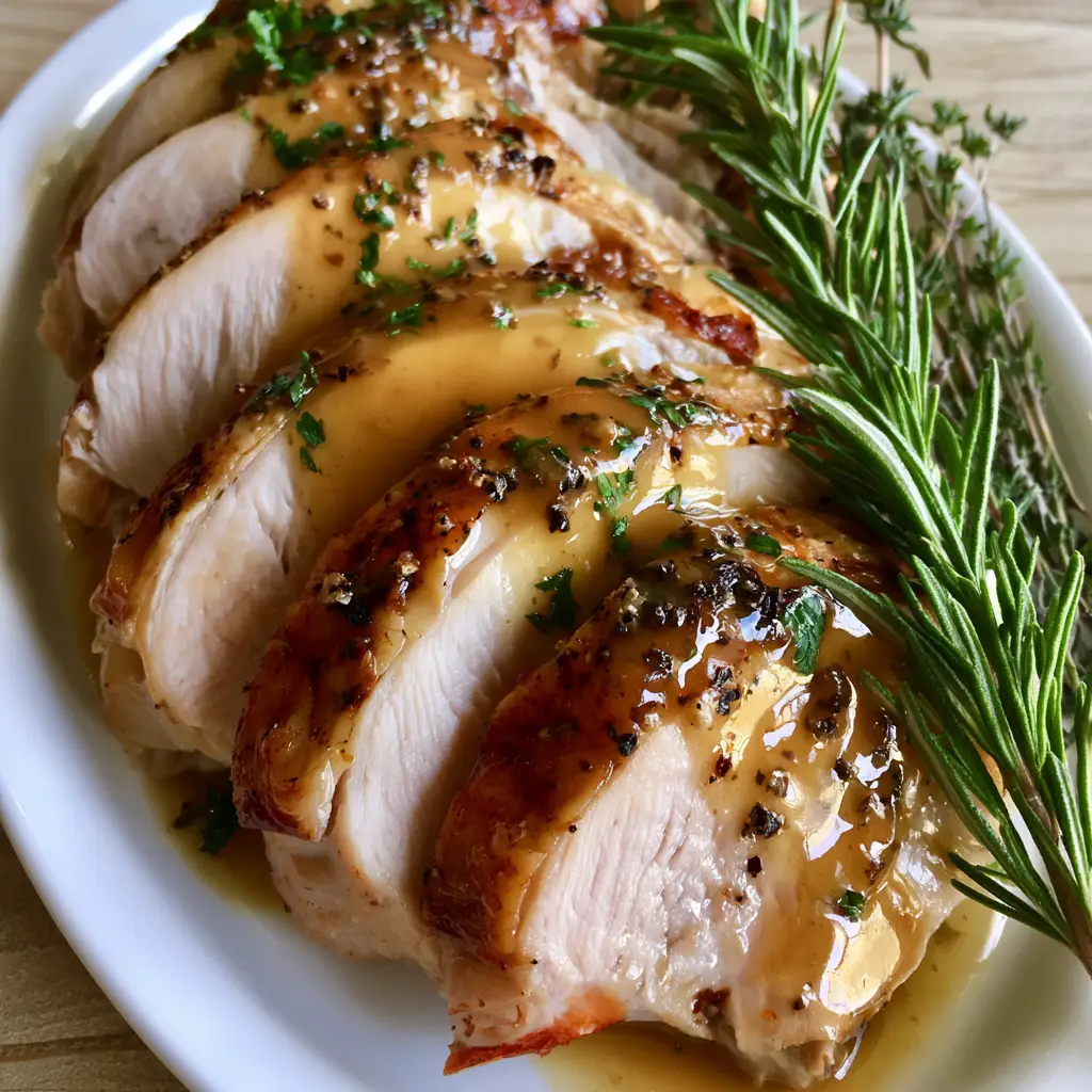 slow cooker turkey breast: The Juiciest Sliced Turkey with Golden Herb Gravy 1 A handheld smartphone photo of sliced turkey breast on a white ceramic platter garnished with fresh thyme and rosemary.