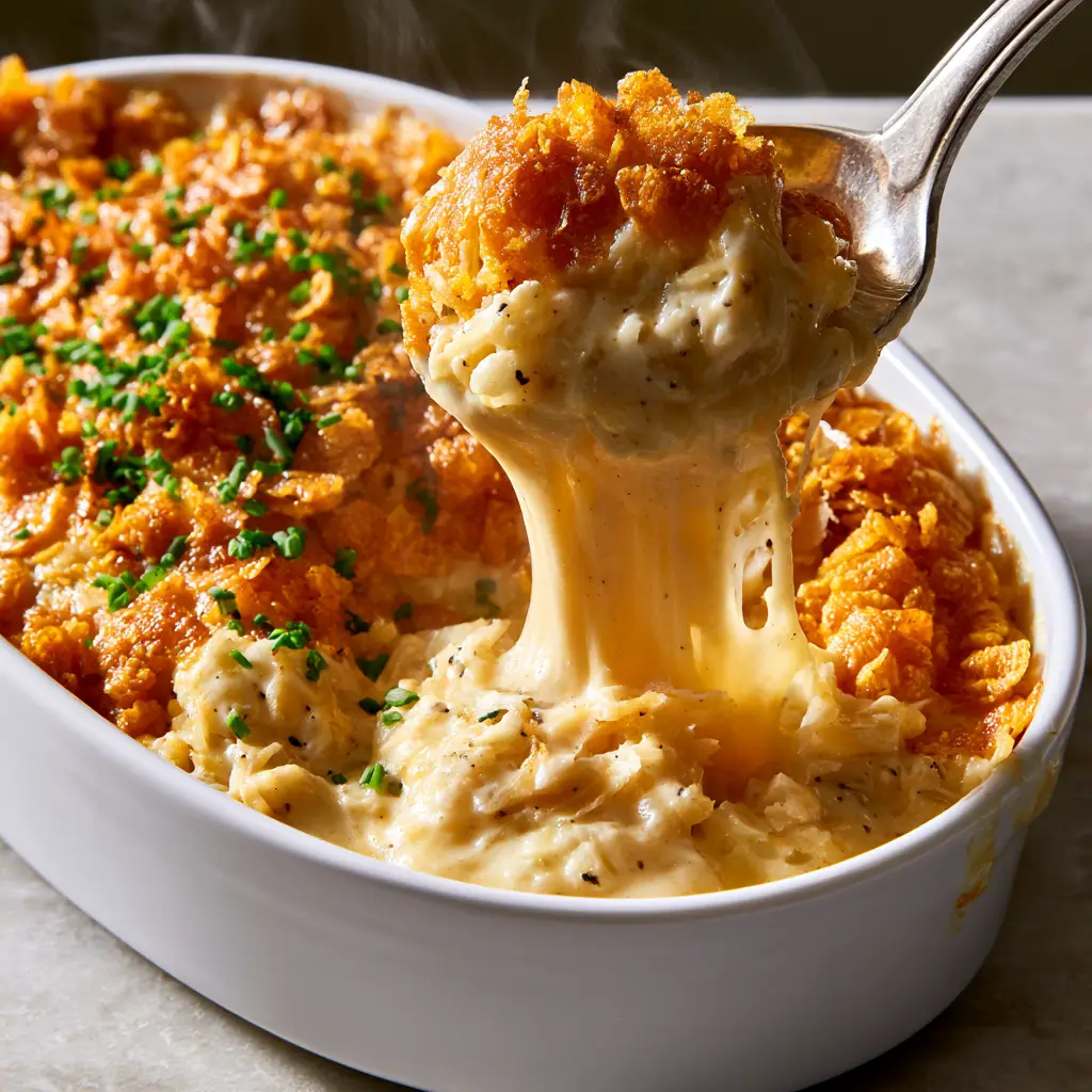 Top down view of cheesy hash brown funeral potatoes with fresh chives garnish.